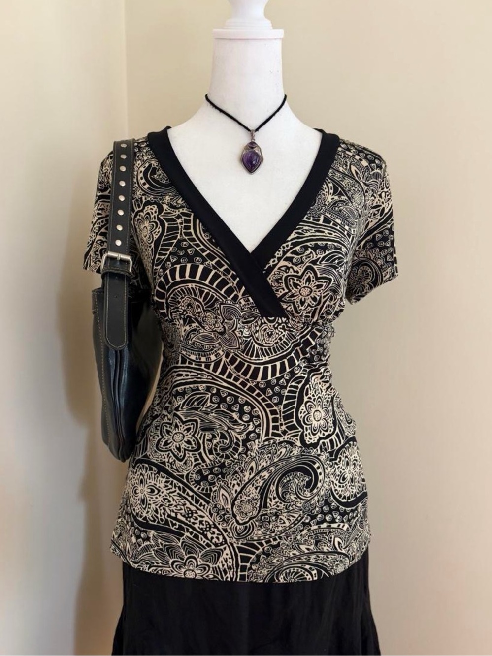 Vintage 90s paisley floral whimsygoth surplice wrap top black cream grunge fairy